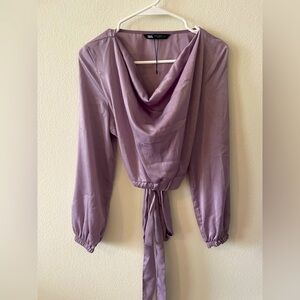 Zara lilac long sleeve scoop neck with tie waist blouse